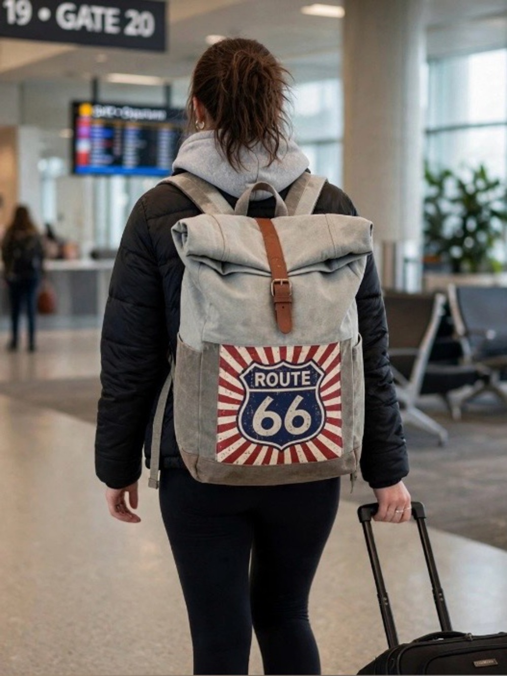 Canvas & leather Route 66 Backpack -Gray made w/all recycled material
